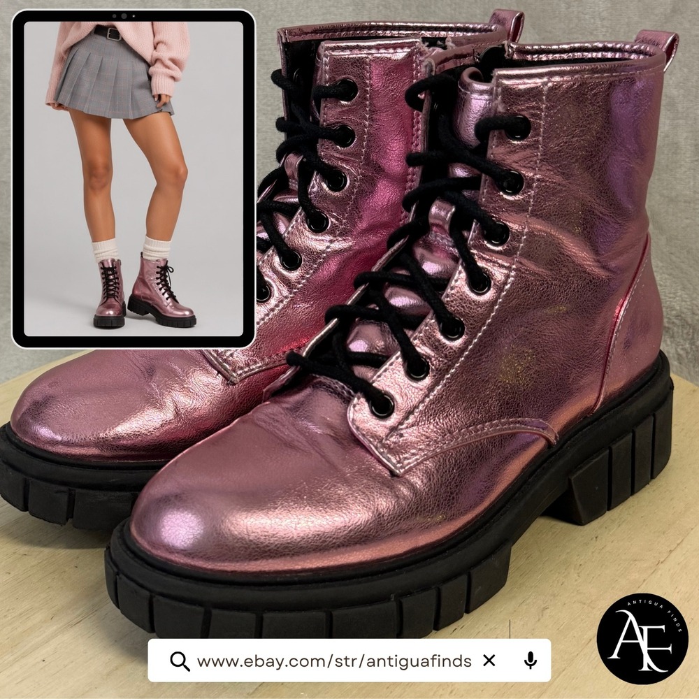 Madden NYC Women's Metallic Pink Combat Boots Lace-Up Side-Zip Lug Sole Size 4